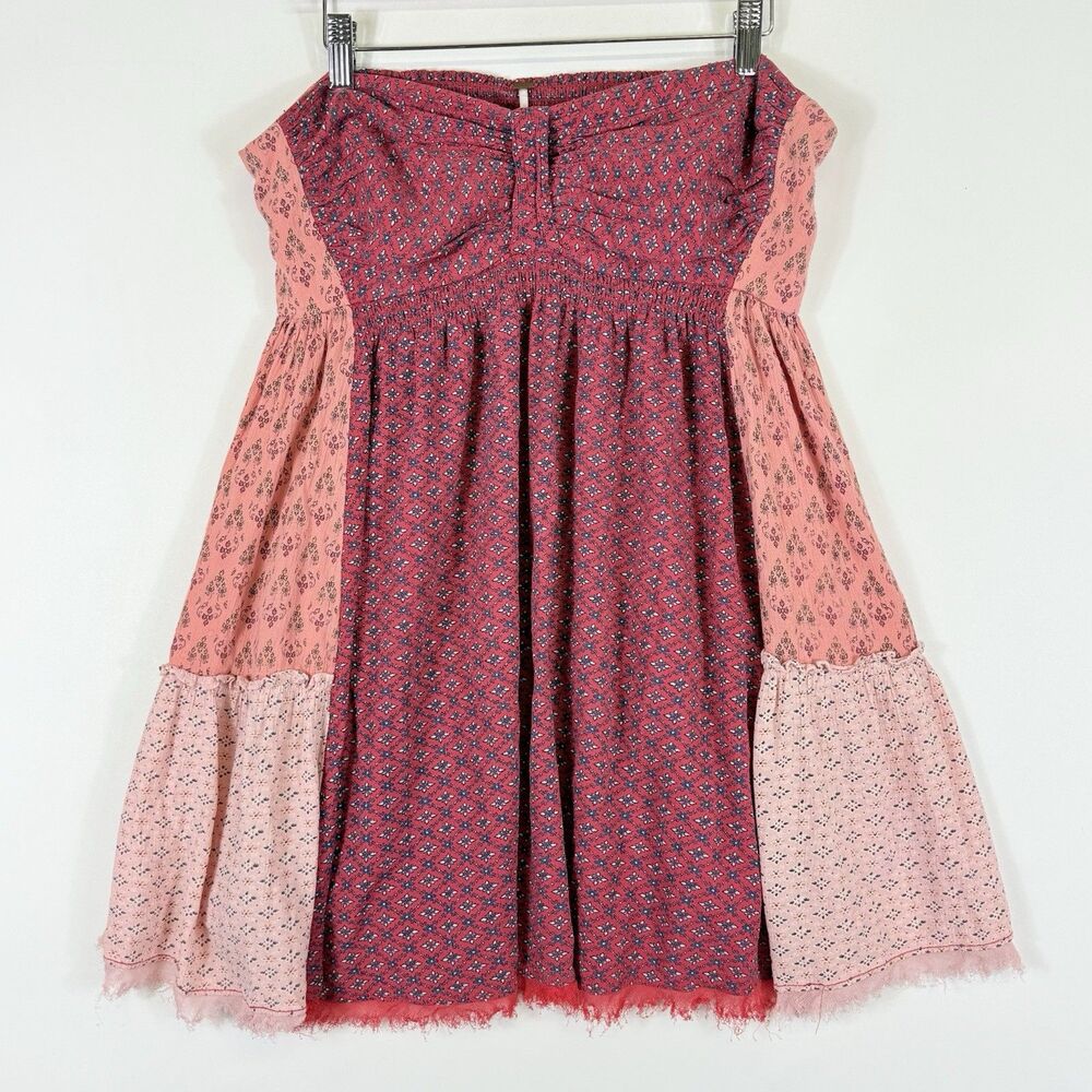 Free People Strapless Mixed Print Babydoll Top in Burgundy and Pink - Picture 2 of 9